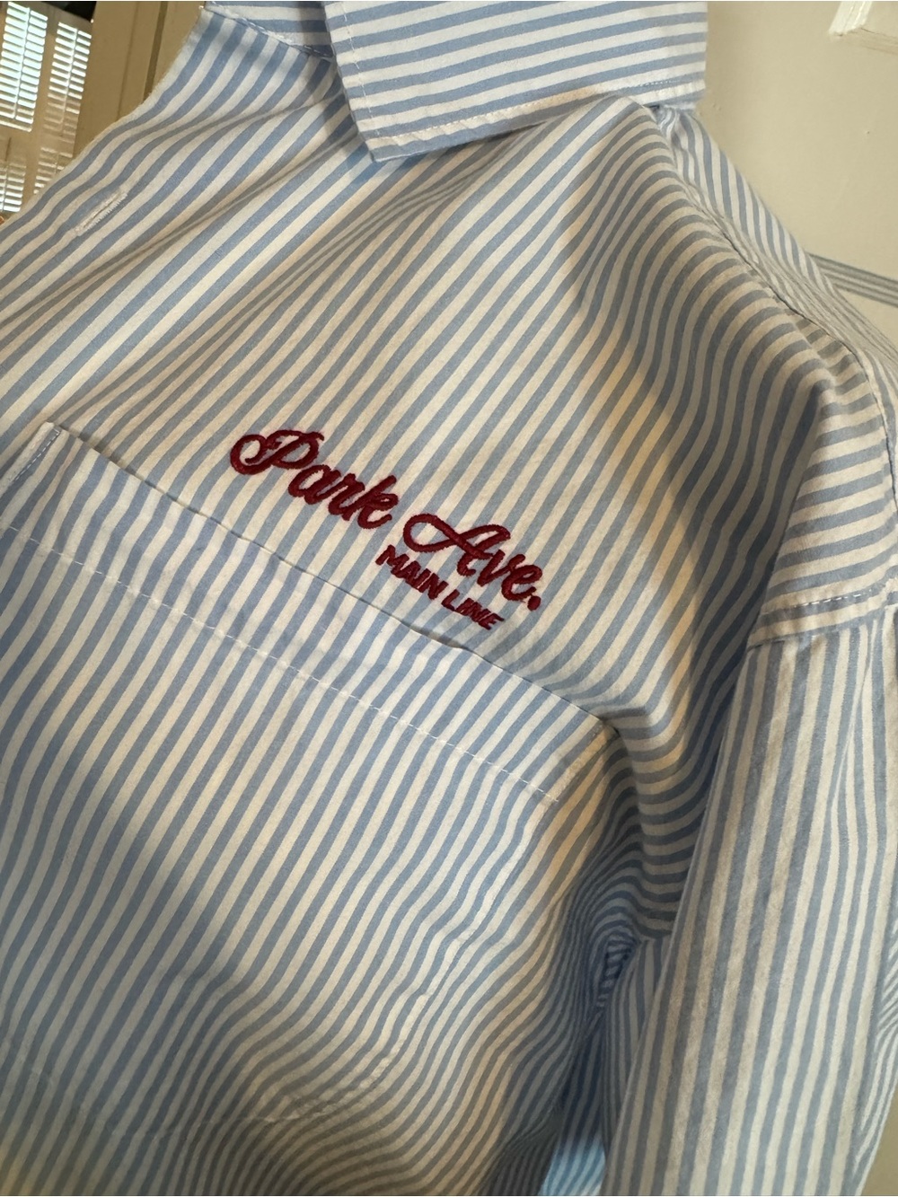 Abercrombie & Fitch Light Blue and White Striped graphic workwear cropped shirt - Picture 7 of 11